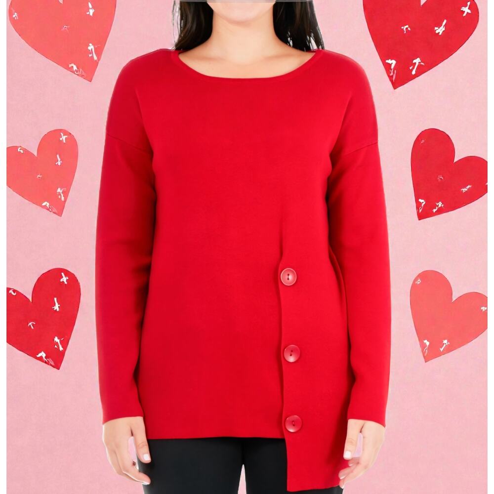 NY Collection Red Asymmetrical Sweater Chic Button Detail Knit Top Size petite L - Picture 12 of 12